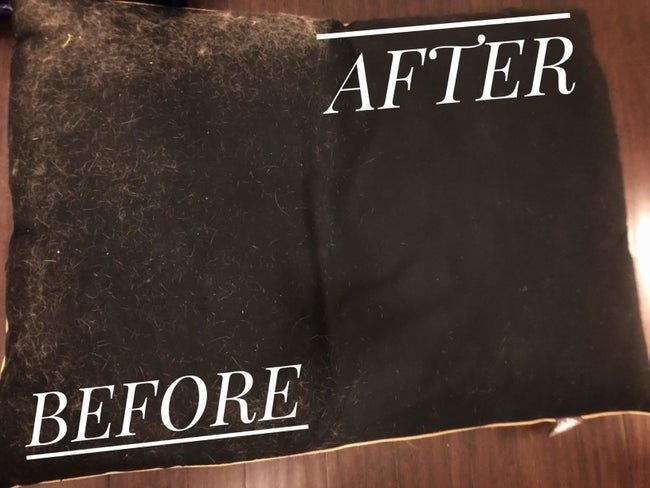 A photo showing a black pillow covered in white dog hair, with a noticeable difference between the section that has been brushed with the fur remover and the section that hasn't – all the dog hair is gone from the treated part.