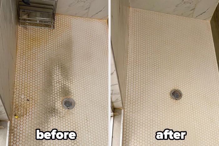 left: a reviewer’s photo of a dirty tile shower covered in hard water stains / right: the same reviewer’s after photo showing all the stains completely removed