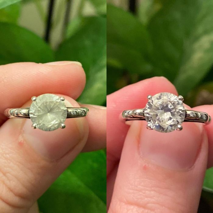 A reviewer displays their cloudy diamond ring before using the cleaning pen and after, now sparkling clean