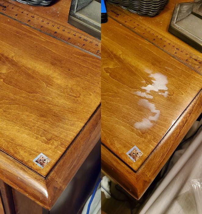 Before-and-after images from a reviewer showing a table with a large watermark removed