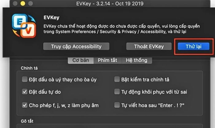 Quay lại mục tải Evkey và chọn ô Thử lại để tải xuống.