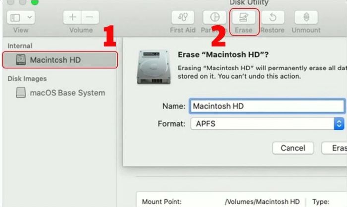 Chọn mục Macintosh HD và nhấn nút Erase.