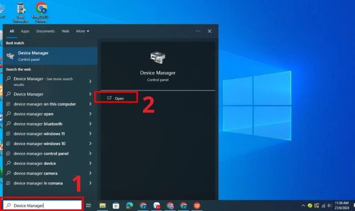 Gõ từ khóa Device Manager và nhấn Open để mở cửa sổ quản lý thiết bị.