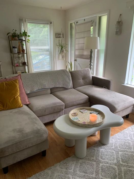 A cozy living room featuring a gray sectional sofa with throw pillows, a white coffee table with a candle, and plants displayed on a shelf and hanging by the window.