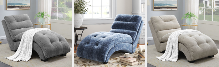 Three images of a gray, blue, and another color of the tufted chaise lounge