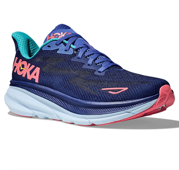 the dark blue sneaker featuring pink highlights