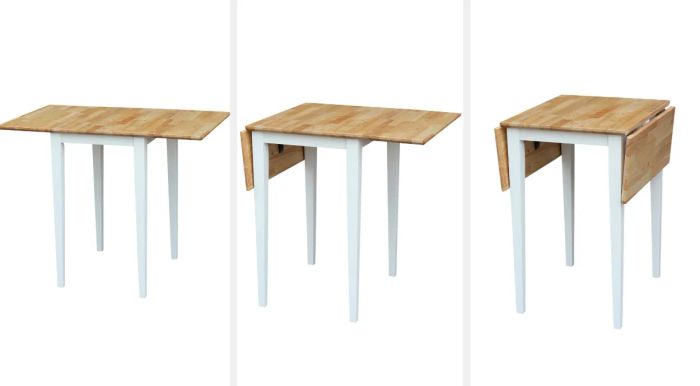A split image showing a small square wooden table with both leaves extended, one leaf folded down, and both leaves tucked away.