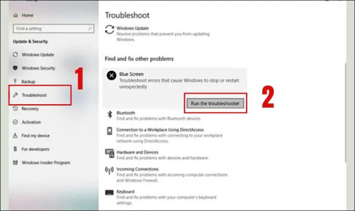 Nhấn vào Run the troubleshooter tại mục Blue Screen