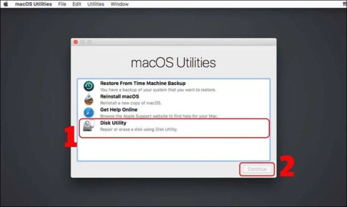 Chọn Disk Utility và nhấn vào Continue