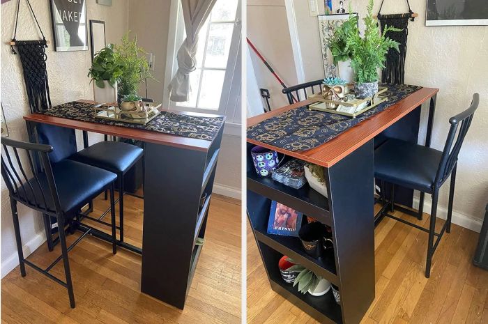 a split image from a reviewer showing both sides of their black and faux wood storage table paired with matching chairs
