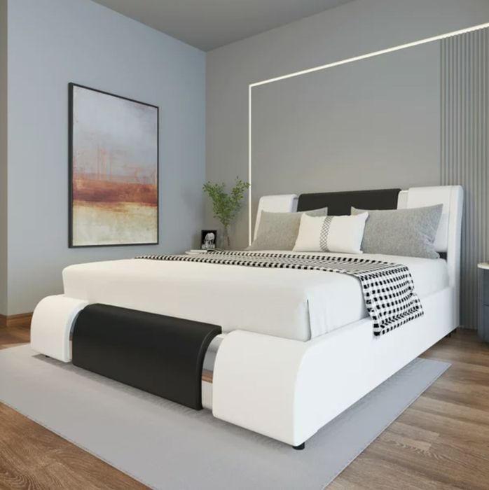 white and black faux leather bed frame
