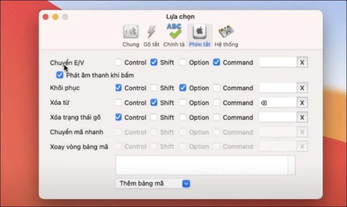 Chọn mục Phím tắt