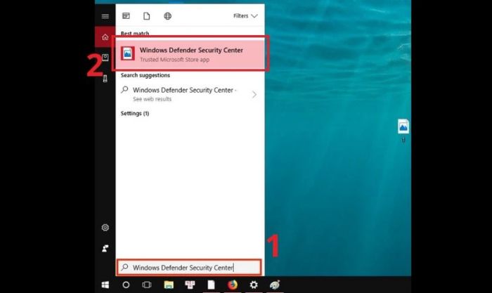 Tìm kiếm Windows Defender trên thanh tìm kiếm của máy tính.