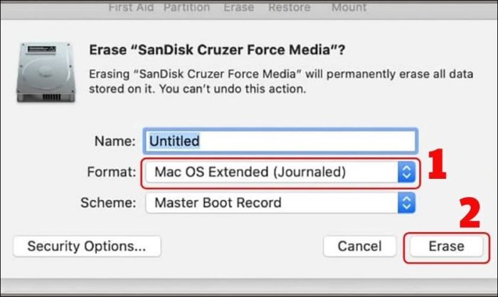 Hộp thoại xác nhận sẽ hiện ra, chọn format là Mac OS Extended (Journaled), sau đó nhấn nút Erase.