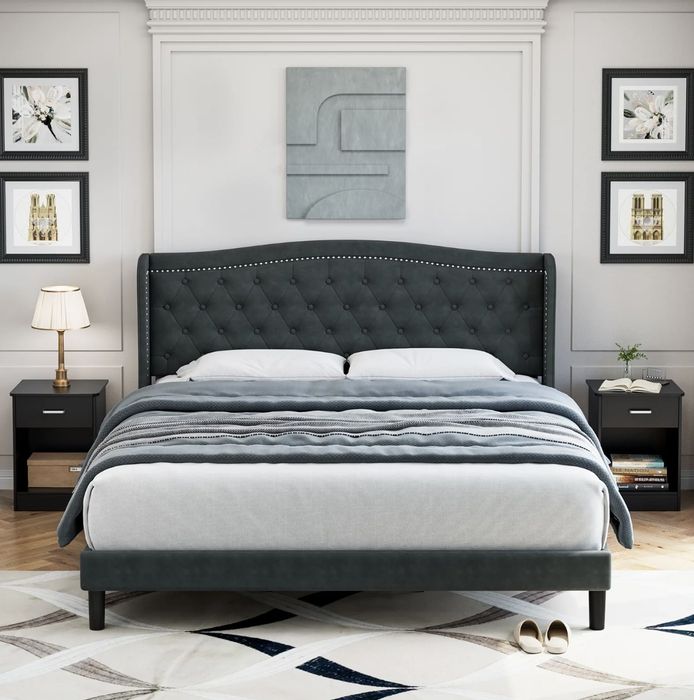 grey wingback tufted bed frame