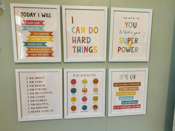 Six inspirational posters featuring phrases like