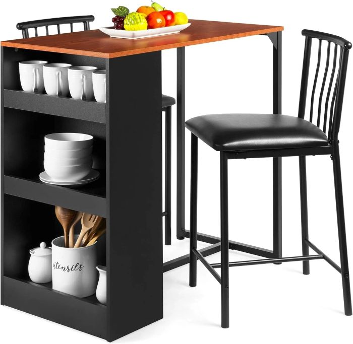 A kitchen island cart with a wooden top, featuring shelves stocked with mugs, bowls, and utensils, paired with two sleek black bar stools.