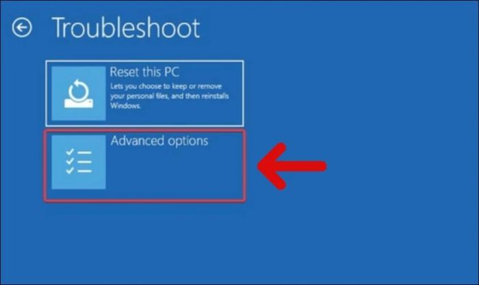 Chọn Troubleshoot và nhấn vào Advanced Options