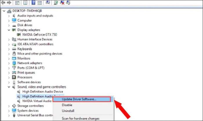 Nhấn chuột vào High Definition Audio Device và chọn Update driver software
