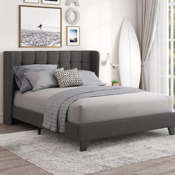 grey stitched upholstered bed frame