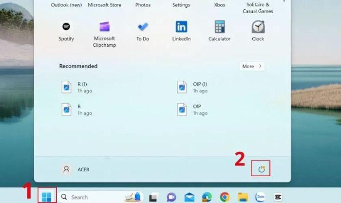 Nhấn vào Start và chọn nút Power