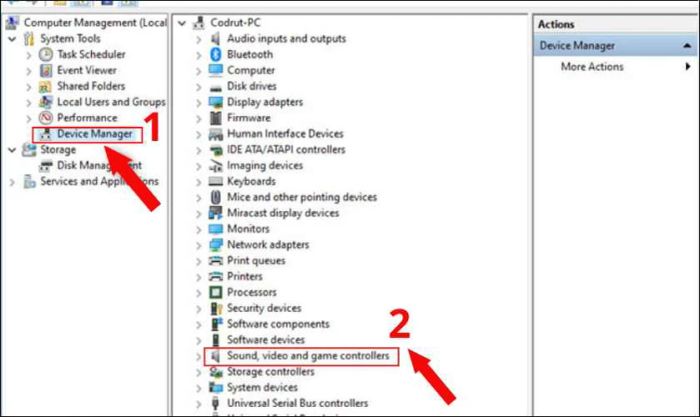 Chọn Device Manager và tiếp theo chọn mục Sound, video and game controllers