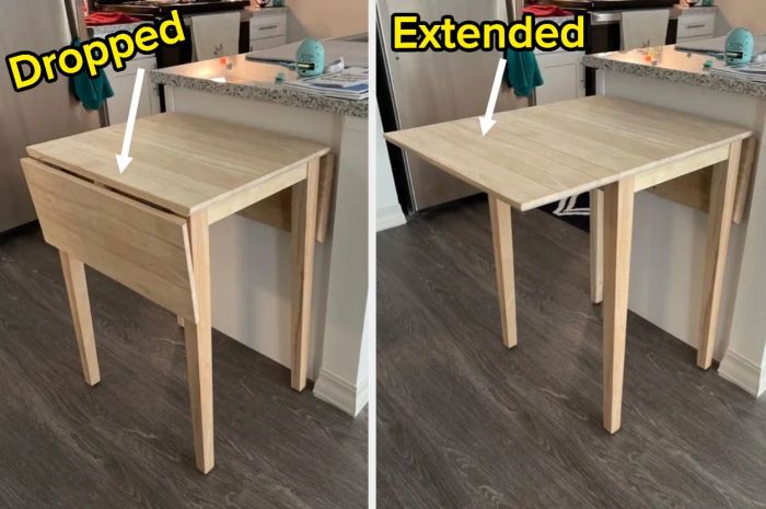 a split image showing a reviewer's drop-leaf table, with the leaves down in the left photo and one leaf extended in the right photo