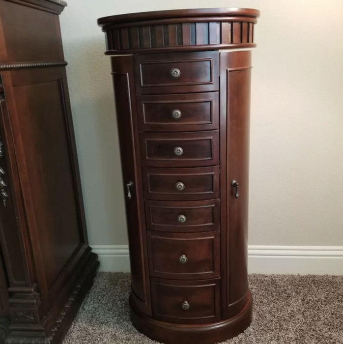 A sturdy, brown armoire.