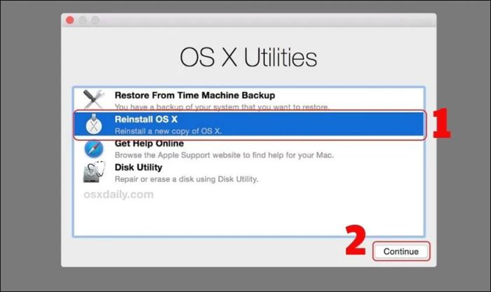 Nhấn vào Reinstall macOS và nhấn nút Continue.