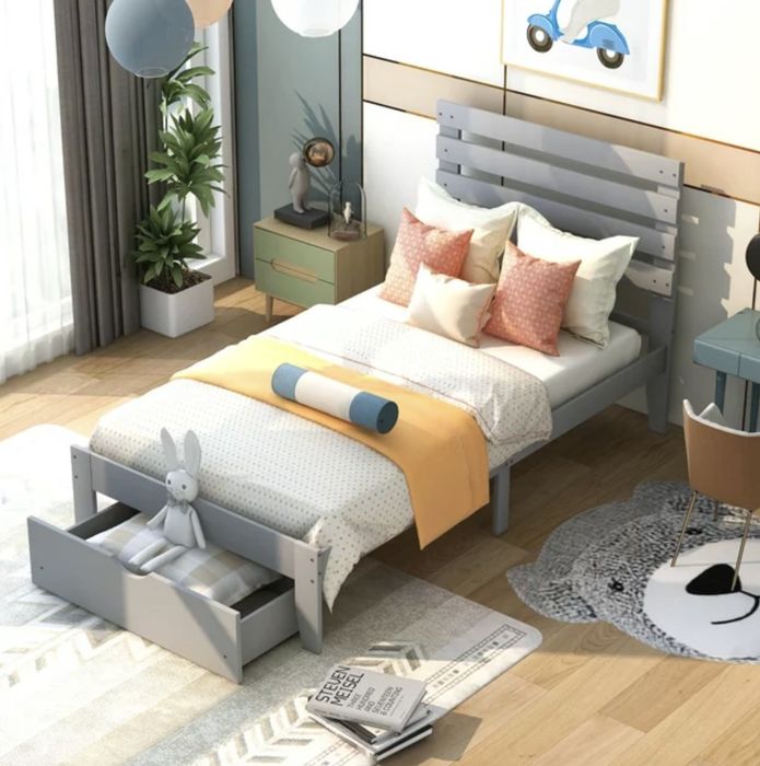 grey wooden twin bed with storage