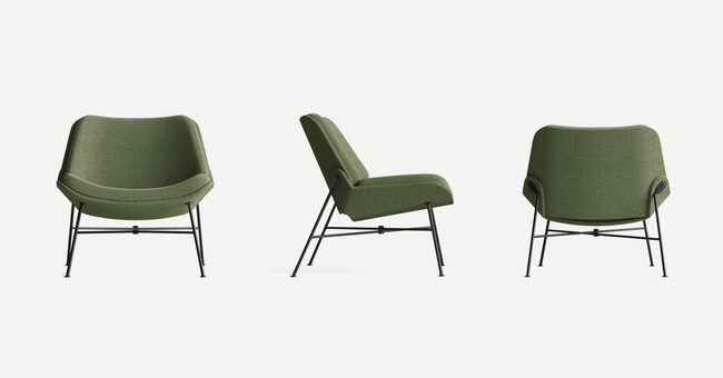 Front, side, and back views of a green fabric lounge chair with black metal legs and a curved seat against a white backdrop