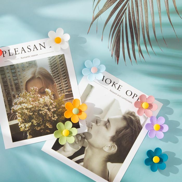 Two styled images showcasing 3D flower magnets decorating various surfaces.