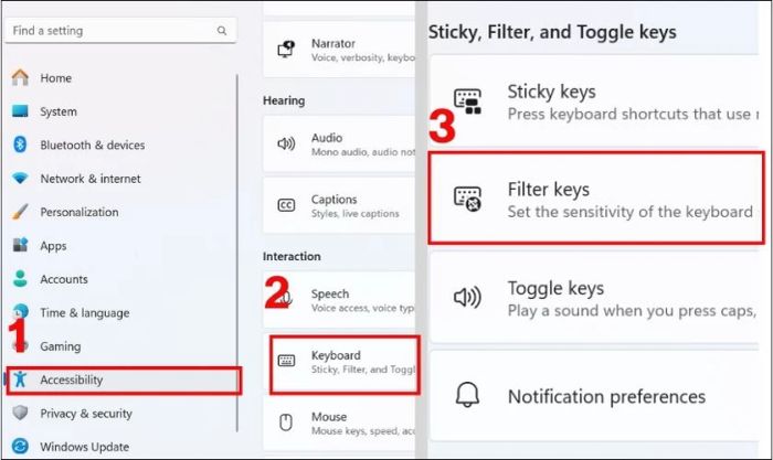 Tìm mục Use Filter Keys