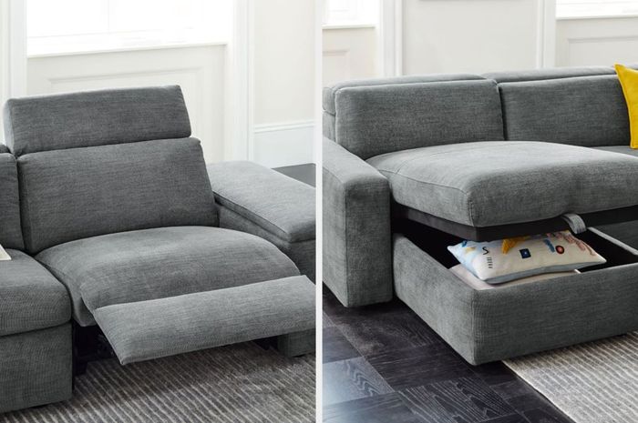 Collage of reclining chaise and storage chaise with pillows inside