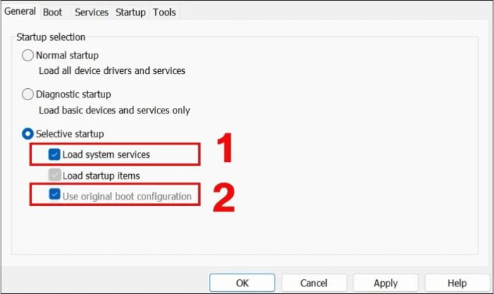 Đảm bảo bạn đã đánh dấu vào hai ô Load System services và Use original boot configuration
