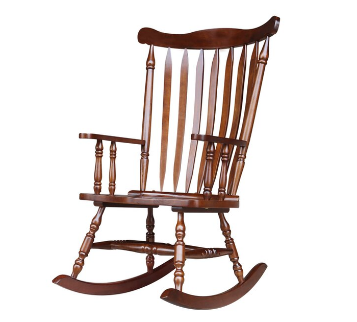 A classic wooden rocking chair with a slatted back, designed for both aesthetic appeal and ultimate comfort