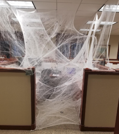 A room adorned with fake spiderweb decorations.
