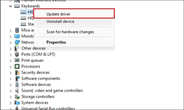 Nhấn chuột phải vào bàn phím và chọn Update driver