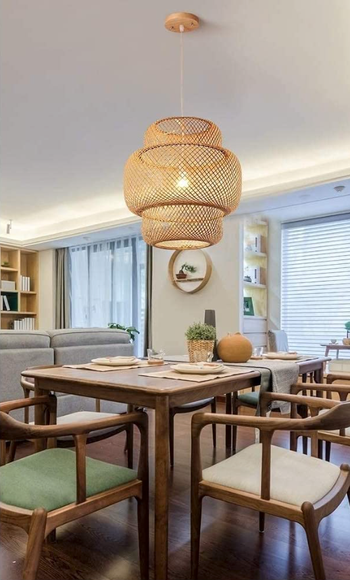 The lamp hanging gracefully in a dining room.