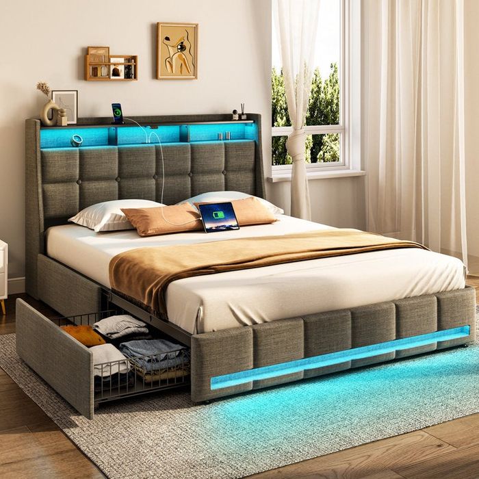 A modern platform bed with integrated storage, wireless charging stations, and soothing lighting, displayed in a bright and airy bedroom setting.