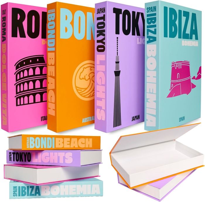 Colorful decorative book storage boxes representing Rome, Bondi Beach, Tokyo, and Ibiza, complete with matching symbols and spines, perfect for home decor.