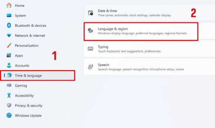 Trong cửa sổ Settings, chọn Time & Language (Thời gian và ngôn ngữ). Tiếp theo, nhấp vào Language & Region