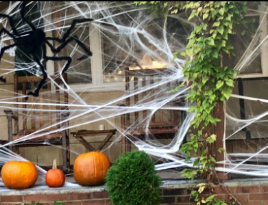 A porch draped in fake spiderweb decorations.