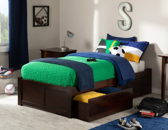 Brown platform storage bed featuring drawers underneath for extra storage.