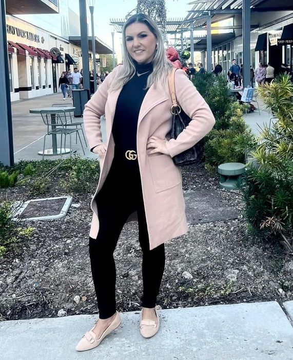 Reviewer wearing the khaki coatigan.