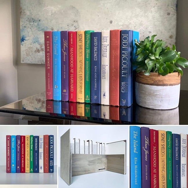 Four images demonstrating how, from the front, the shelf looks like a stack of books, but from the back, it's hollow and open for storage.