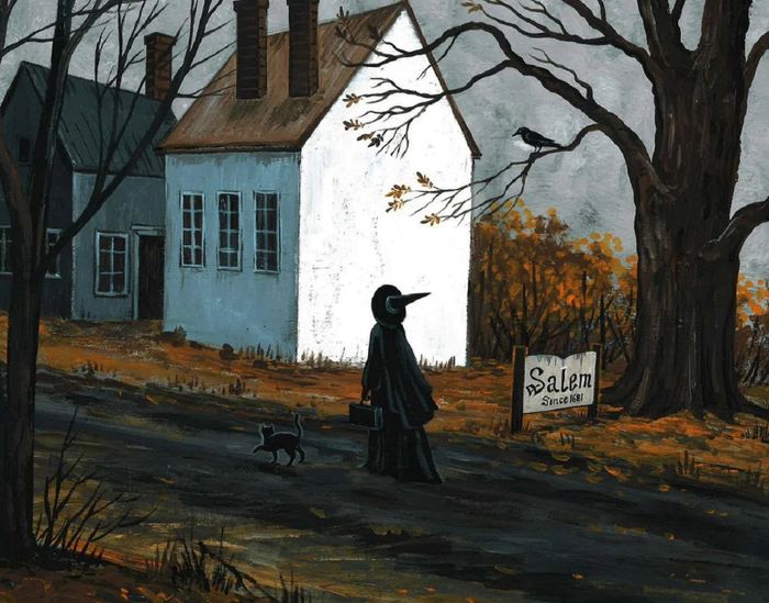 a silhouette of a person in a witch's hat and black outfit walking into Salem with a black cat by their side