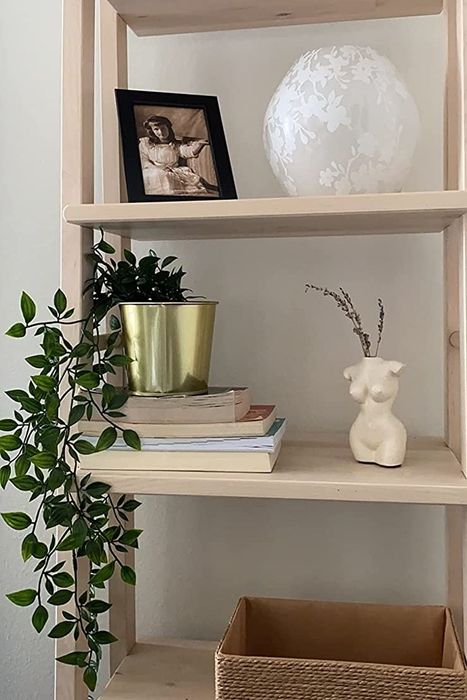A reviewer showcases the vase on a bookshelf.