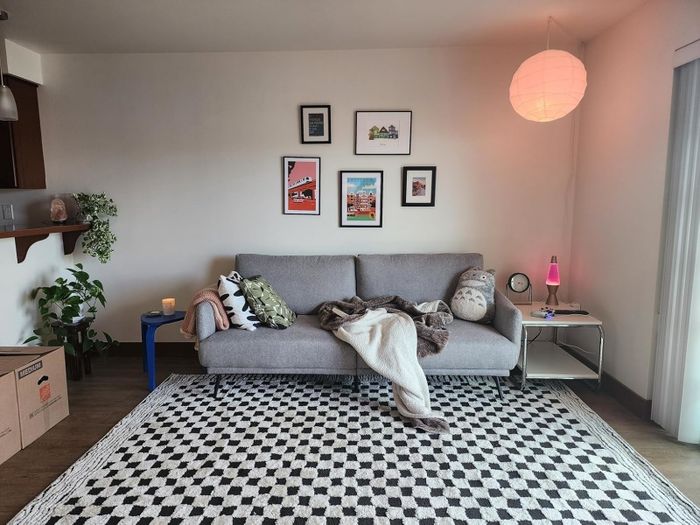 A modern living room featuring a gray sofa, decorative pillows, framed wall art, and a checkered rug. A welcoming, stylish space to relax in.