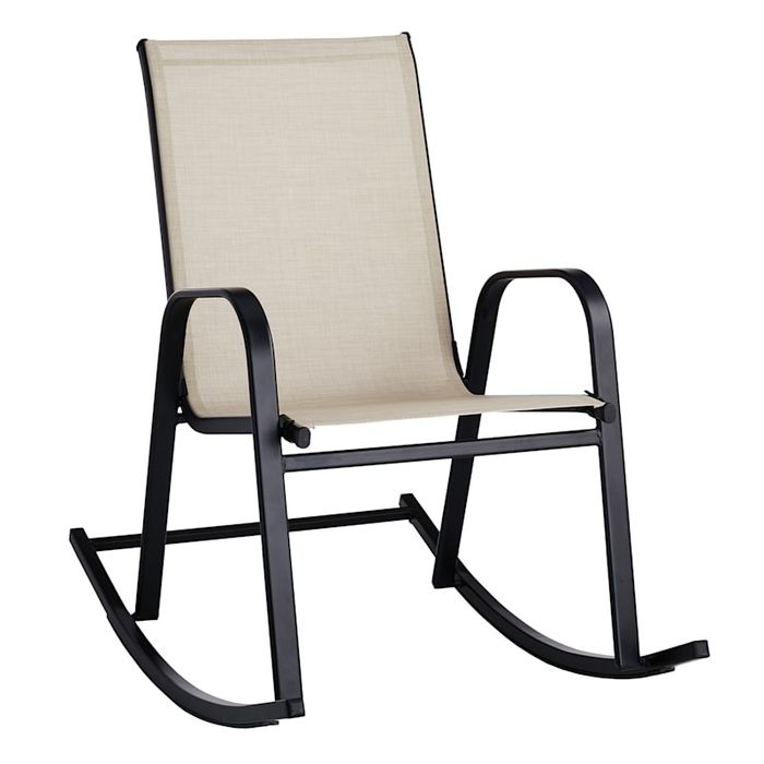 A minimalist metal and fabric rocking chair, perfect for both outdoor and indoor spaces